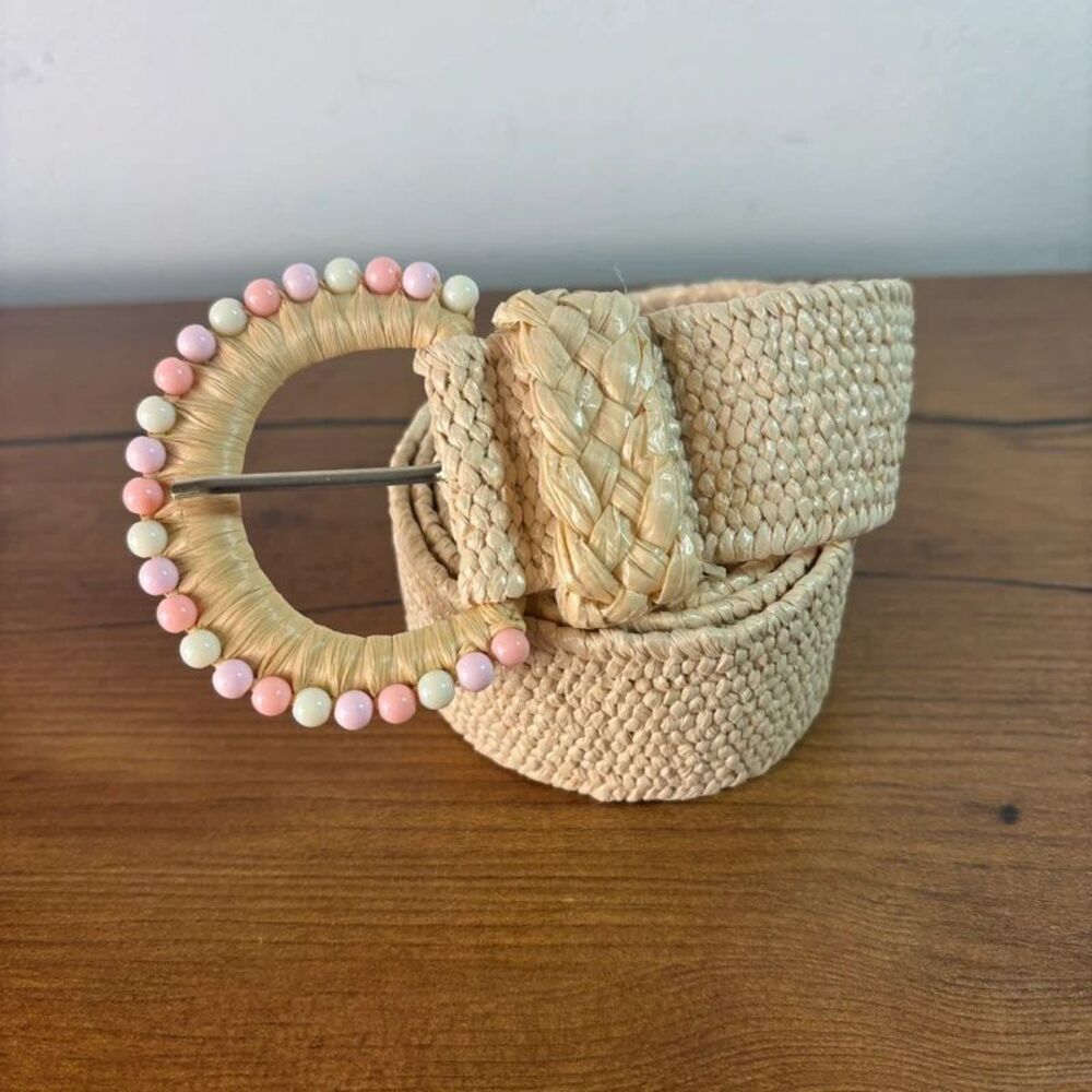 Raffia Straw Wide Rounded Buckle Bead Accent Boho Jessica Simpson